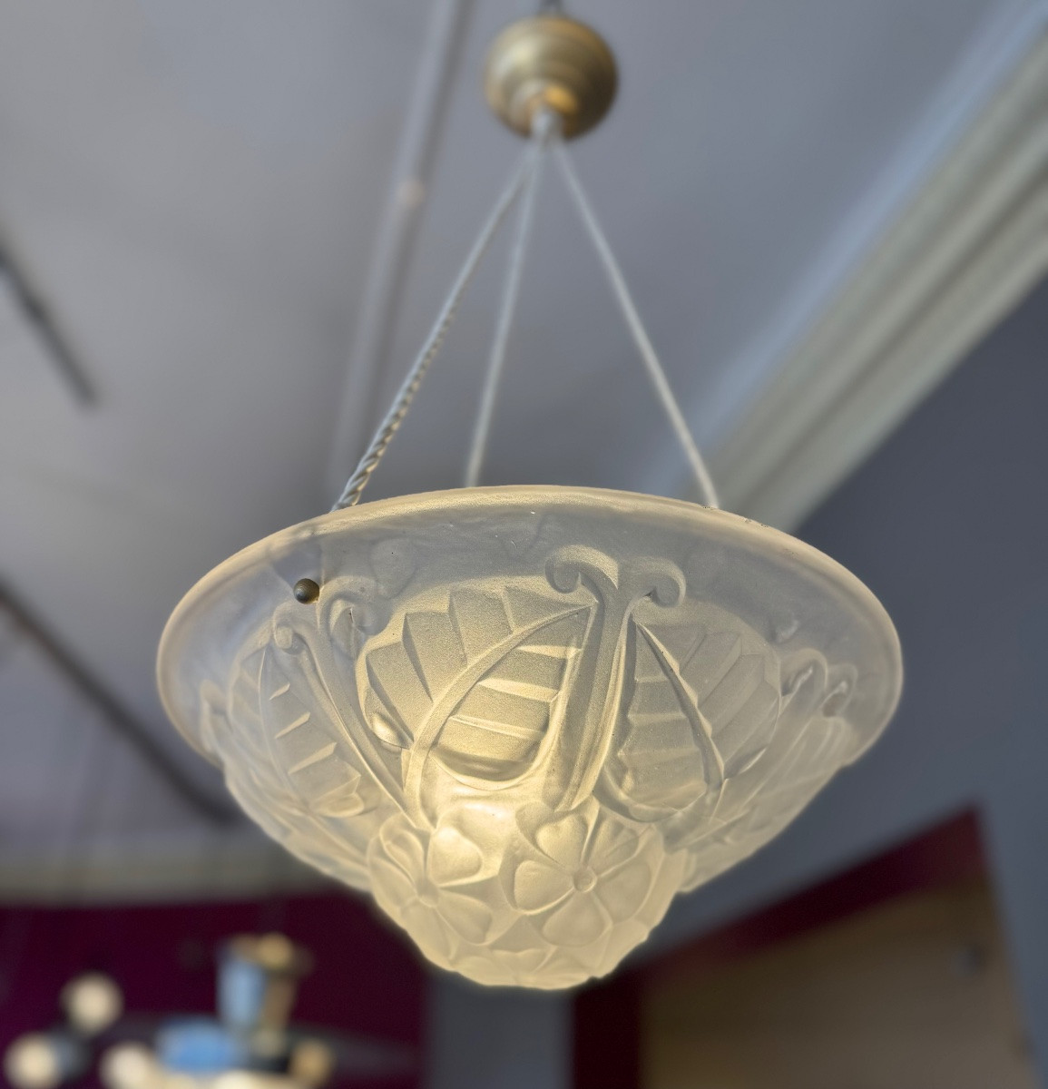 Art Deco Suspension / Ceiling Light With Cords Signed Degué (art Deco Chandeliers 1930) -photo-2
