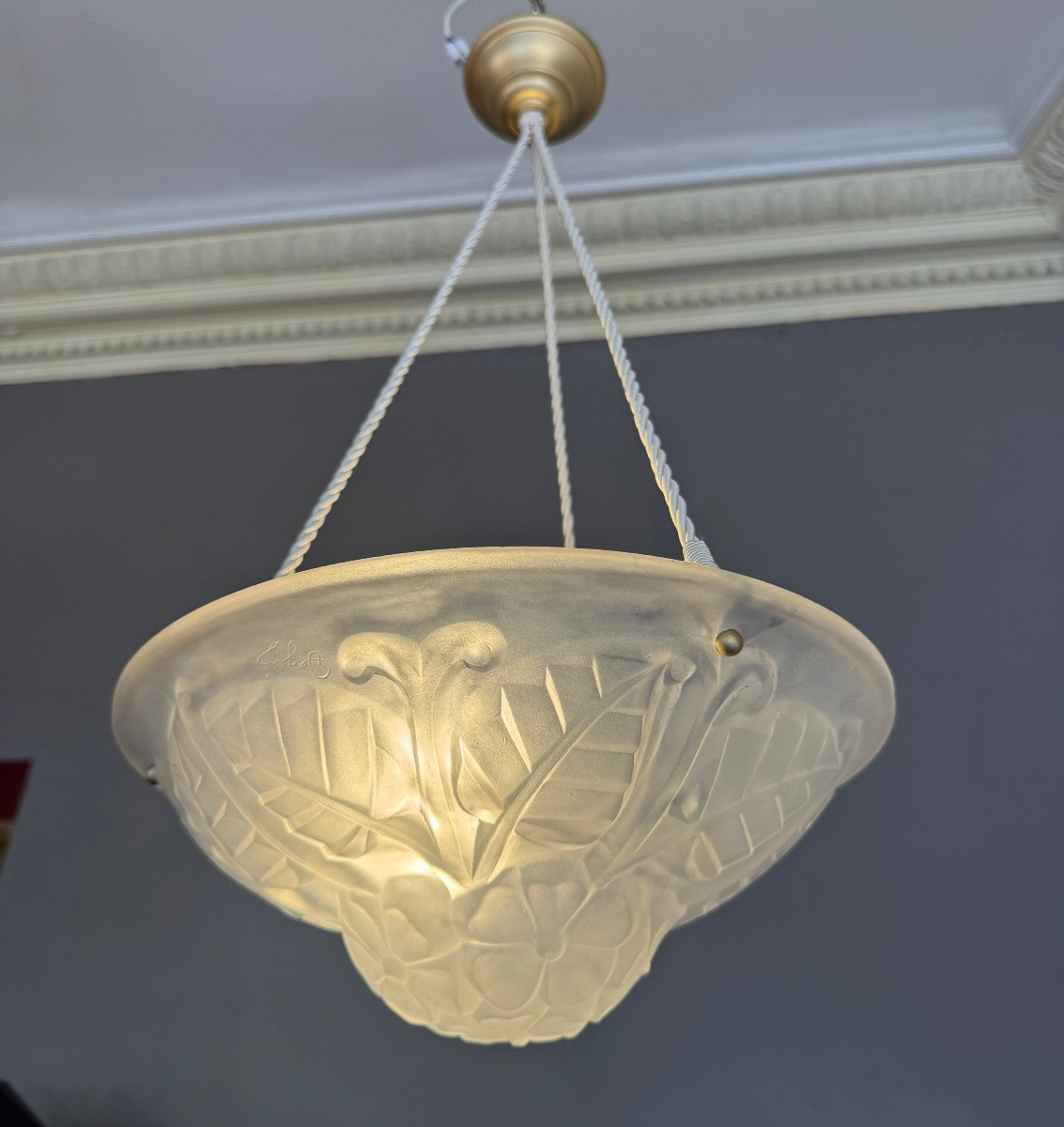 Art Deco Suspension / Ceiling Light With Cords Signed Degué (art Deco Chandeliers 1930) -photo-4