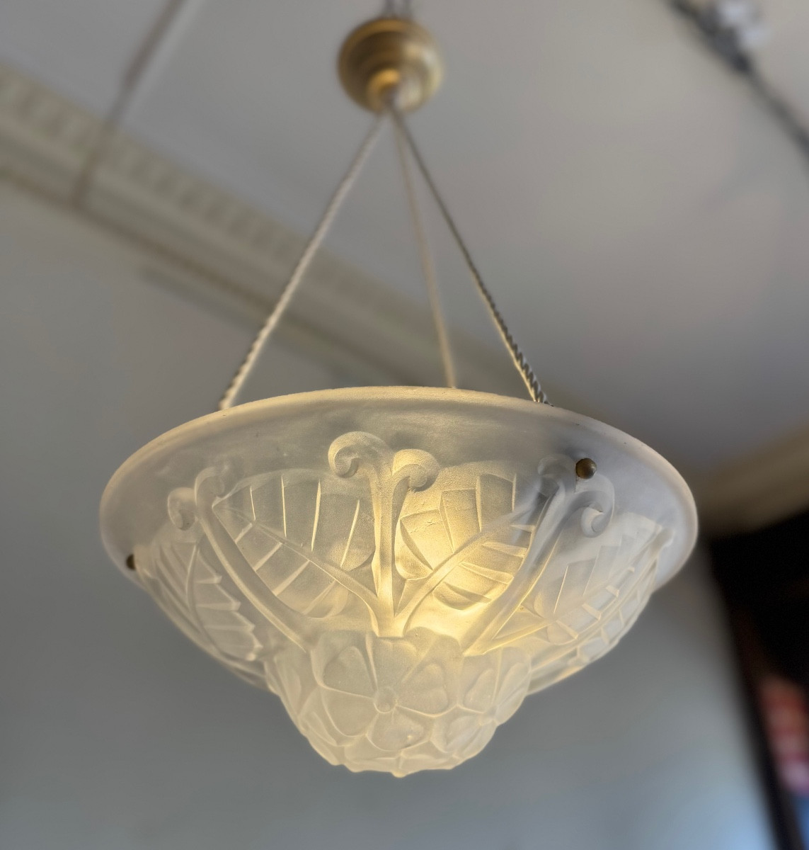 Art Deco Suspension / Ceiling Light With Cords Signed Degué (art Deco Chandeliers 1930) -photo-3