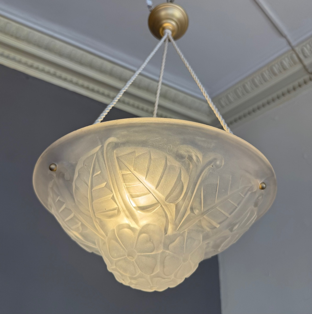 Art Deco Suspension / Ceiling Light With Cords Signed Degué (art Deco Chandeliers 1930) -photo-2