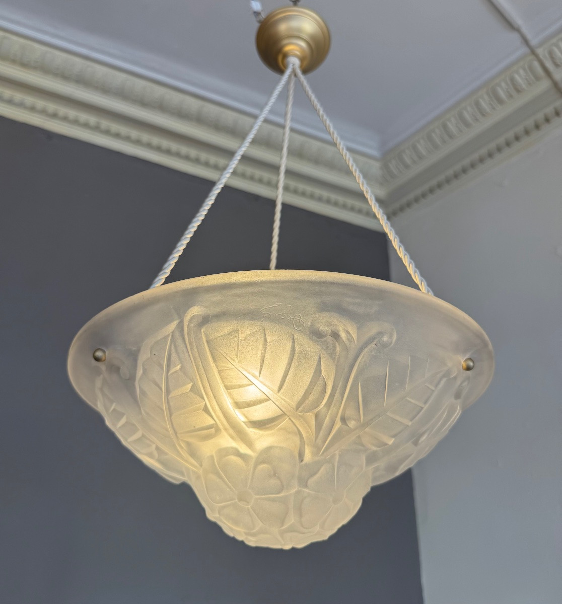 Art Deco Suspension / Ceiling Light With Cords Signed Degué (art Deco Chandeliers 1930) -photo-3