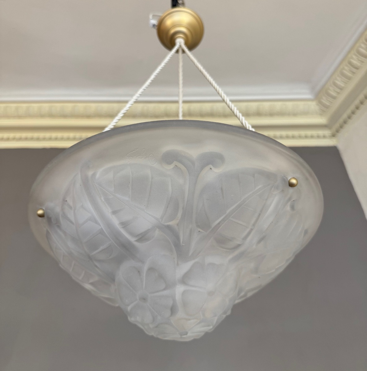 Art Deco Suspension / Ceiling Light With Cords Signed Degué (art Deco Chandeliers 1930) -photo-7