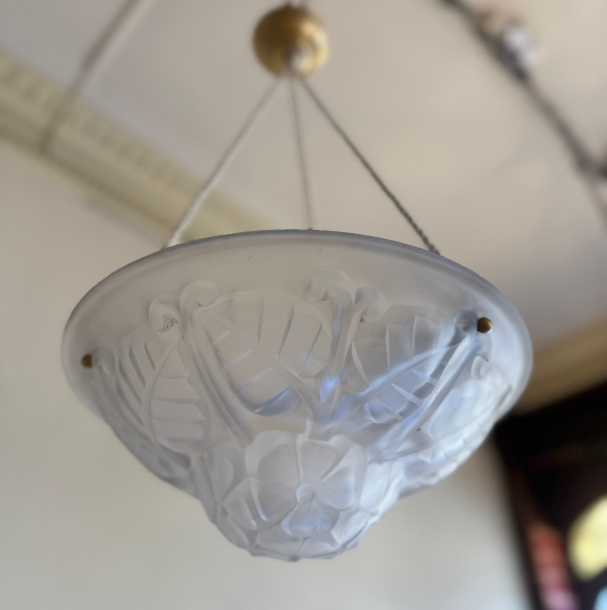 Art Deco Suspension / Ceiling Light With Cords Signed Degué (art Deco Chandeliers 1930) -photo-8