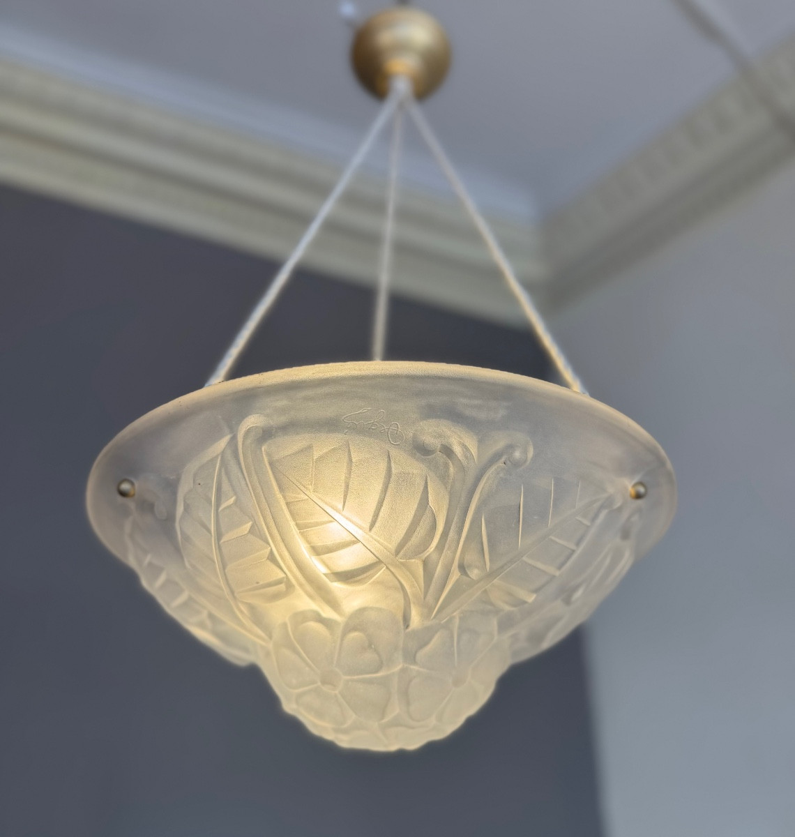 Art Deco Suspension / Ceiling Light With Cords Signed Degué (art Deco Chandeliers 1930) 