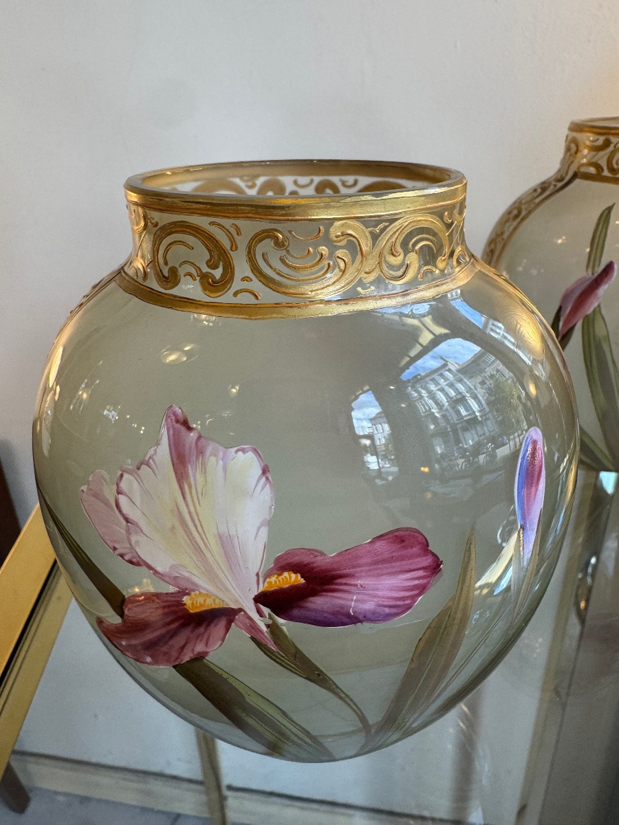 Pair Of Art Nouveau Vases In Translucent Glass With Iris Decoration Circa 1900 (art Nouveau Vase) -photo-7