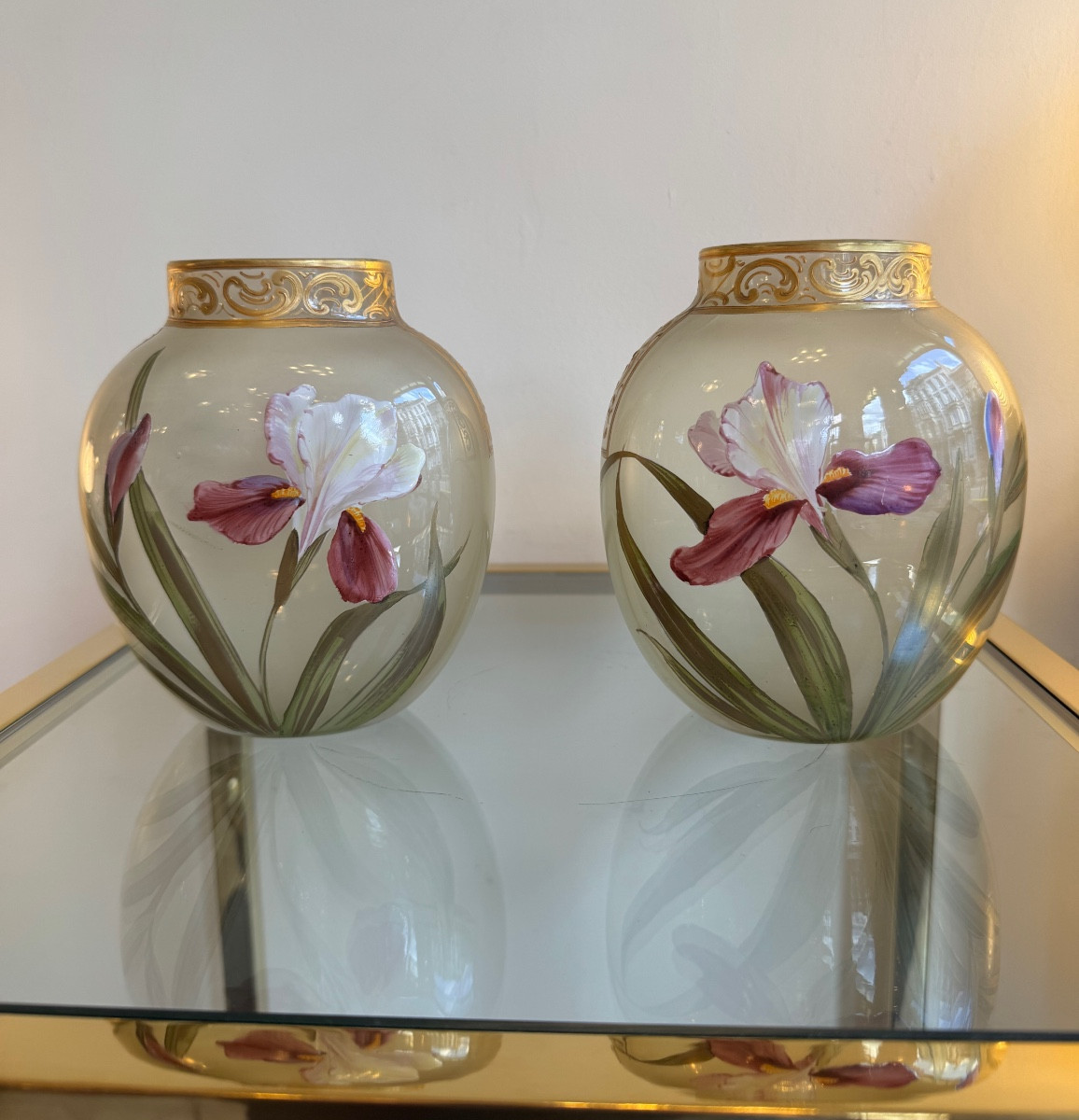 Pair Of Art Nouveau Vases In Translucent Glass With Iris Decoration Circa 1900 (art Nouveau Vase) 