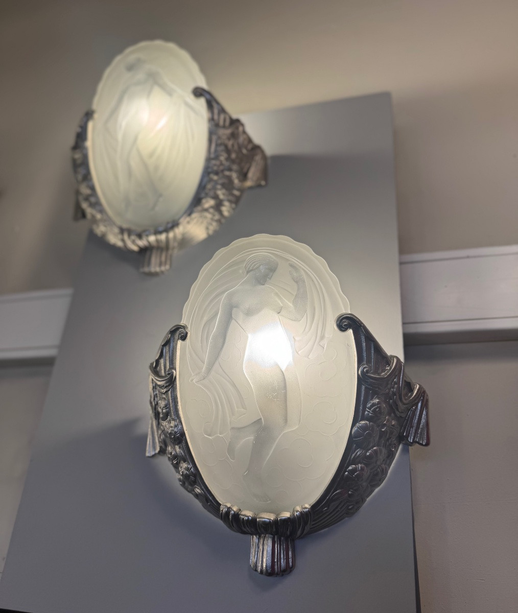 Important Pair Of Art Deco Wall Lights “les Danseuses” Signed Müller (art Deco Wall Light 1930)-photo-2