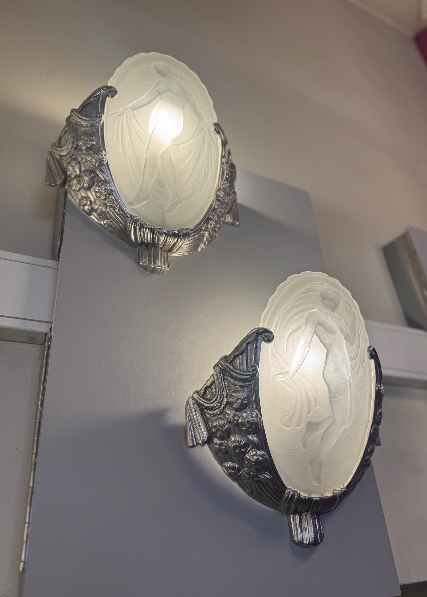 Important Pair Of Art Deco Wall Lights “les Danseuses” Signed Müller (art Deco Wall Light 1930)-photo-3