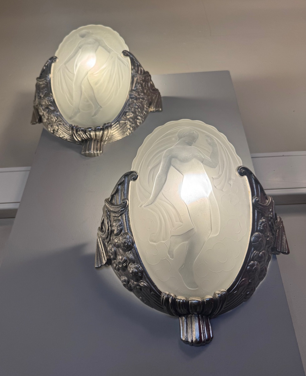 Important Pair Of Art Deco Wall Lights “les Danseuses” Signed Müller (art Deco Wall Light 1930)-photo-4