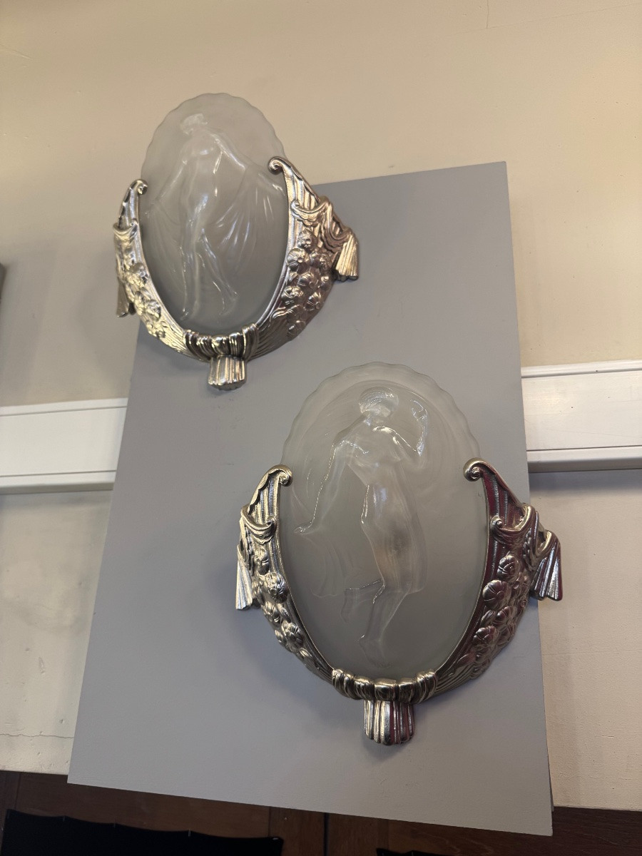 Important Pair Of Art Deco Wall Lights “les Danseuses” Signed Müller (art Deco Wall Light 1930)-photo-5