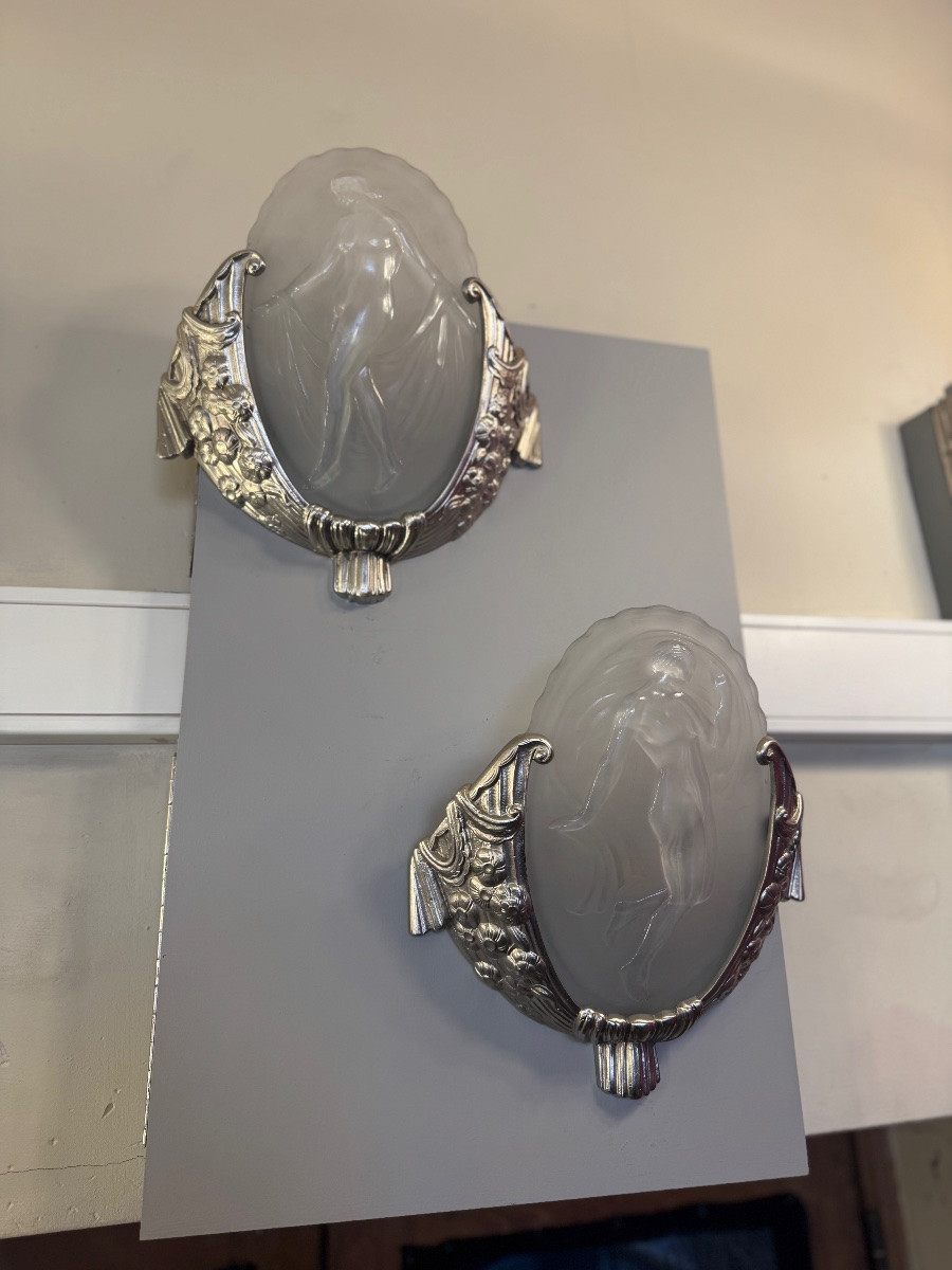 Important Pair Of Art Deco Wall Lights “les Danseuses” Signed Müller (art Deco Wall Light 1930)-photo-6