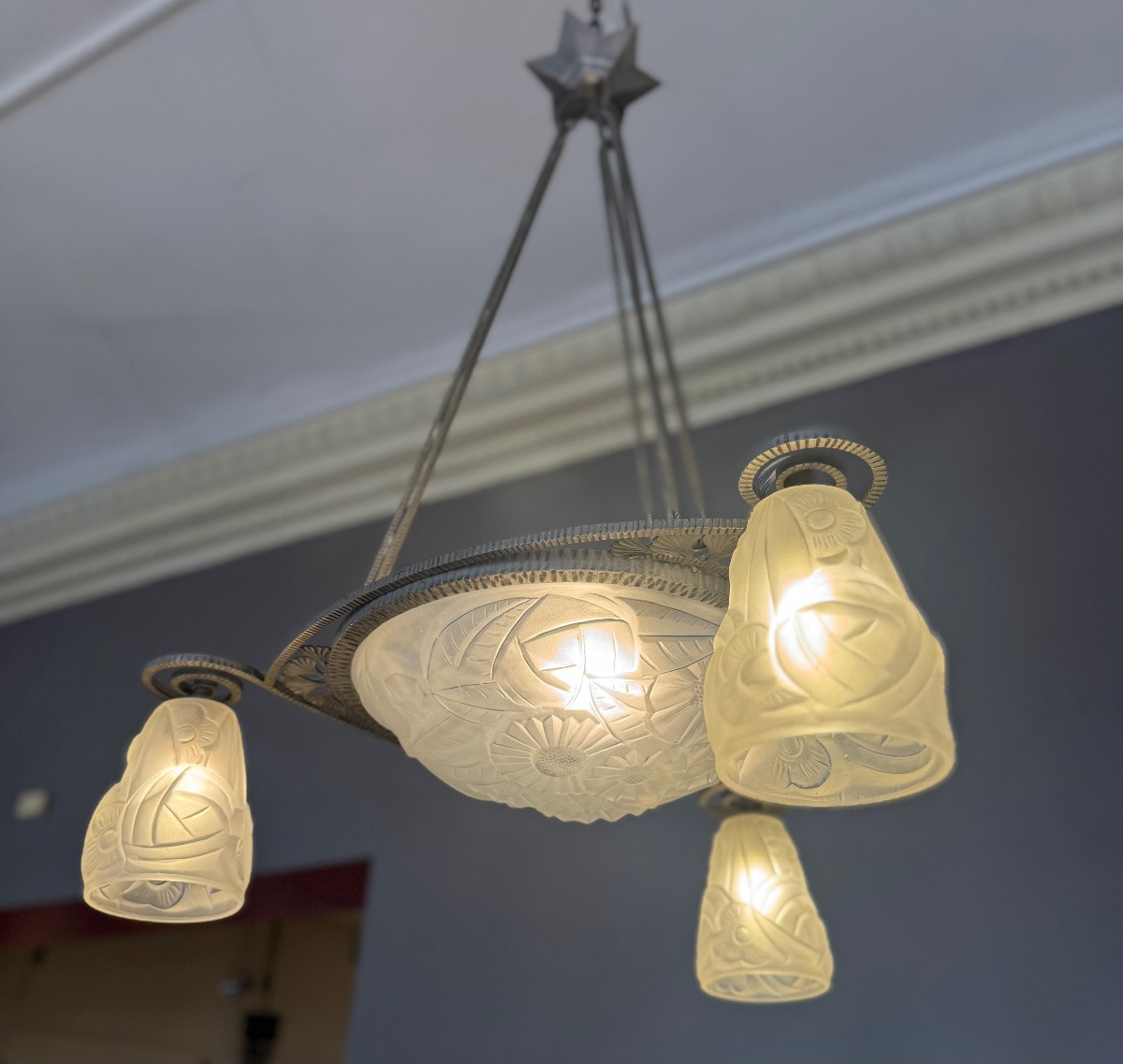 Lustre Art Déco  « Ginkgo Biloba » signé Degué / vasque et tulipes ( lustres art deco 1930 )-photo-4