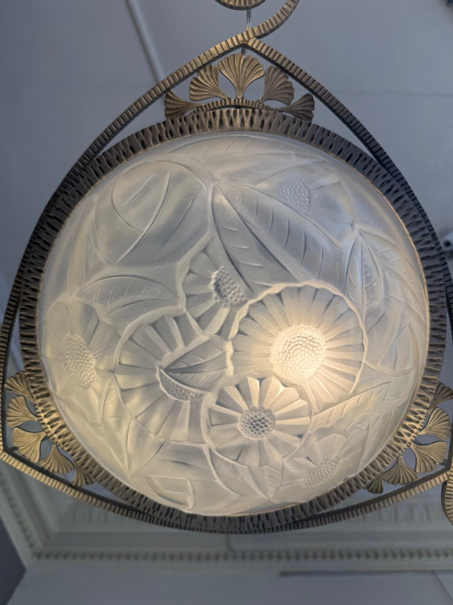 Lustre Art Déco  « Ginkgo Biloba » signé Degué / vasque et tulipes ( lustres art deco 1930 )-photo-7