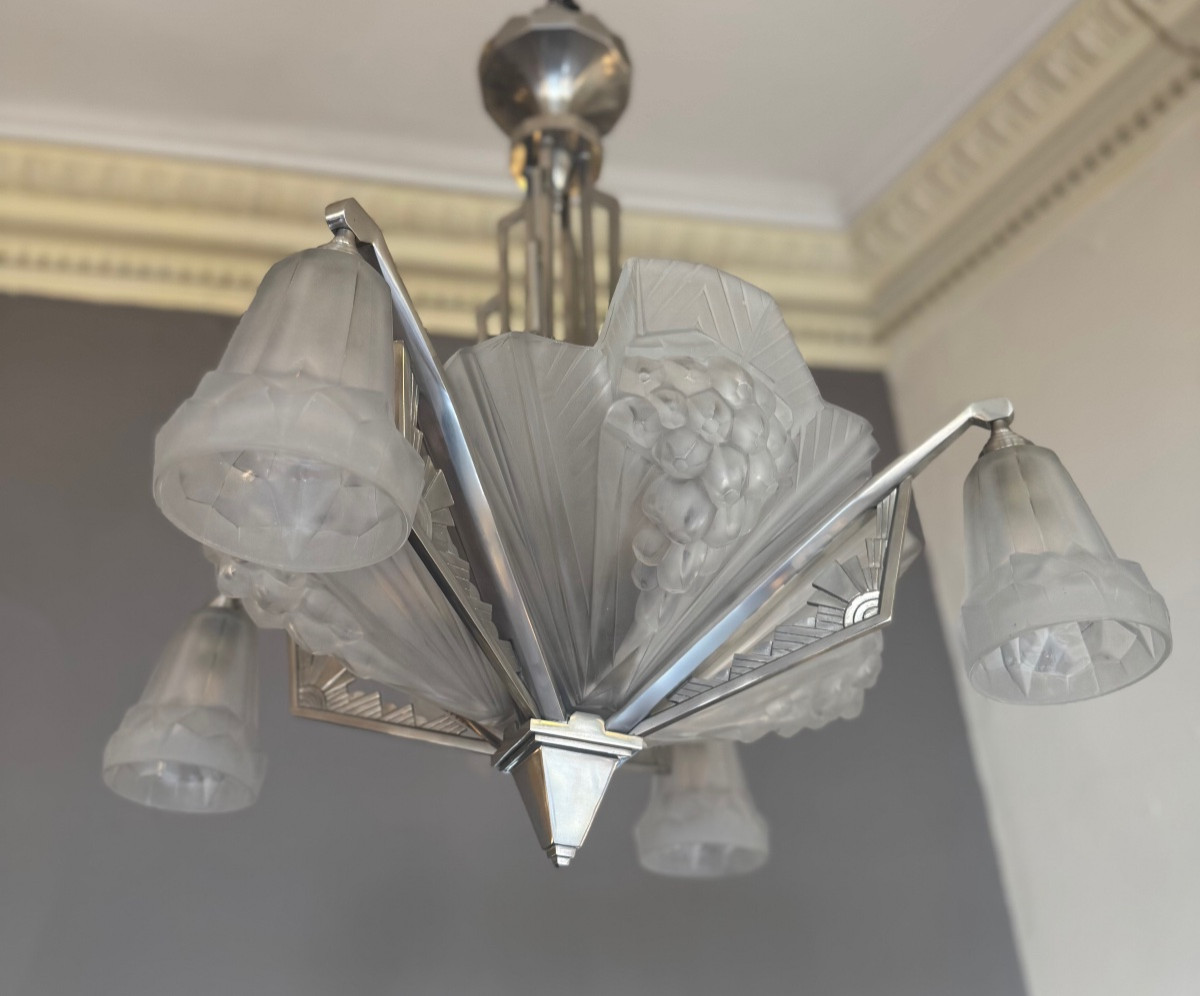 Important Lustre Art Déco PETITOT  / DEGUÉ signé PETITOT FRANCE ( lustre art deco 1930 ) -photo-4