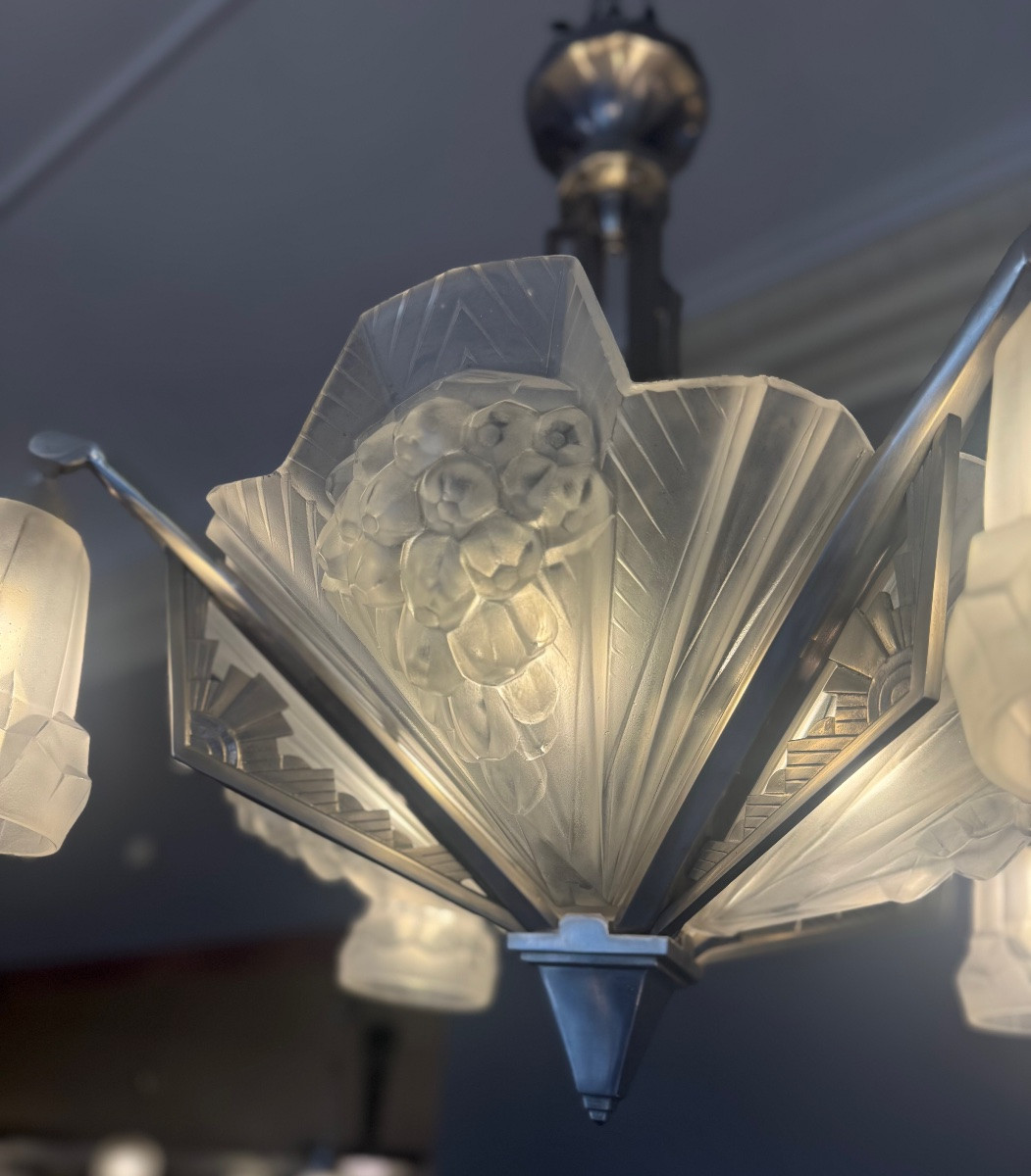 Important Lustre Art Déco PETITOT  / DEGUÉ signé PETITOT FRANCE ( lustre art deco 1930 ) -photo-4