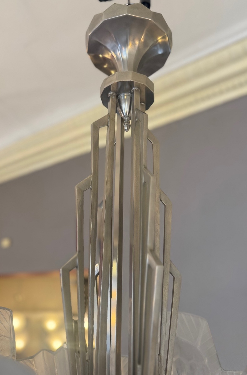 Important Lustre Art Déco PETITOT  / DEGUÉ signé PETITOT FRANCE ( lustre art deco 1930 ) -photo-5