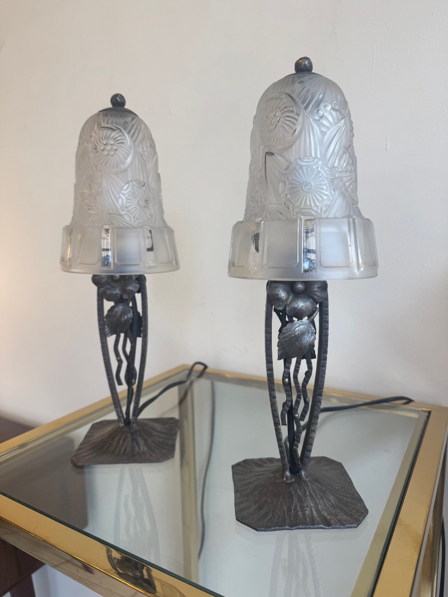 Paire de Lampes Art Déco Signées Hettier-Vincent / Fer forgé et verre  ( lampe art deco 1930 ) -photo-6