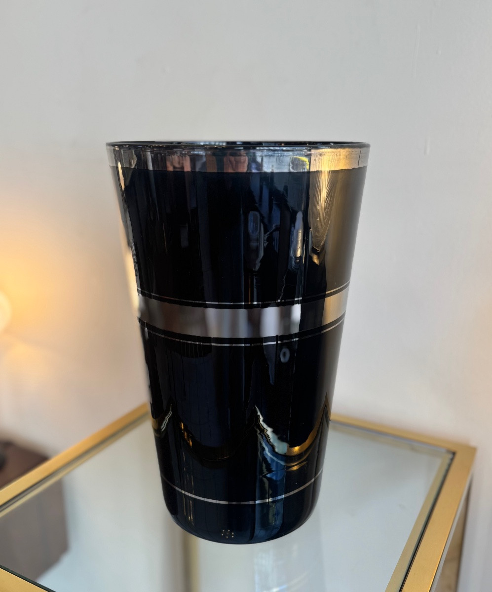 Grand Vase Art Déco Boom  { Anvers } Verre Hyalite noir et liserés chromés  vases art deco 1930-photo-3