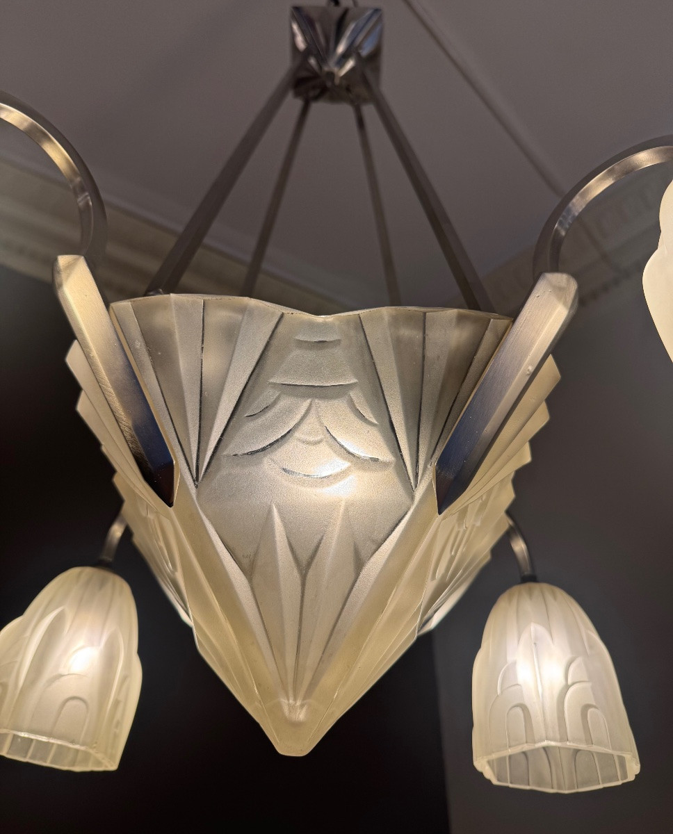 Lustre Art Déco Degué une vasque et trois tulipes / bronze nickelé  ( lustres art deco 1930 ) -photo-4