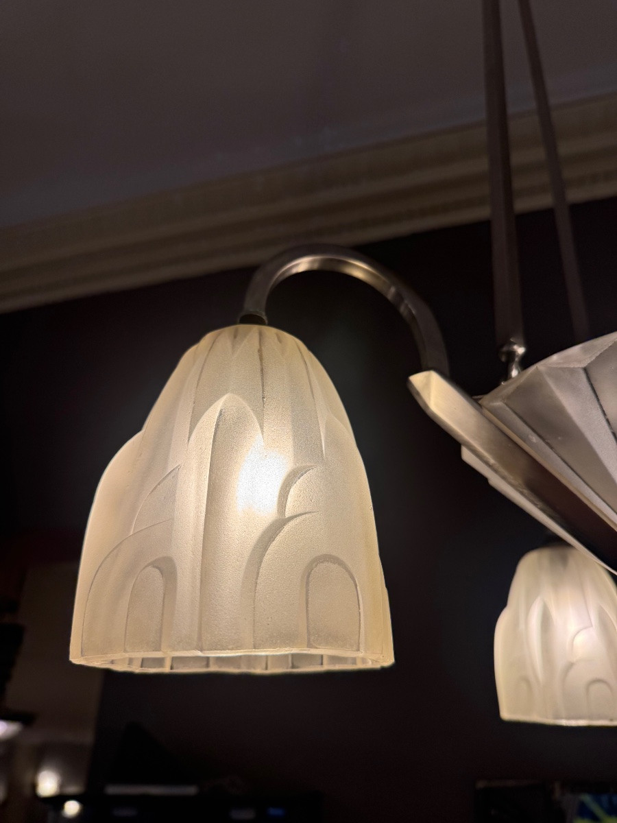 Lustre Art Déco Degué une vasque et trois tulipes / bronze nickelé  ( lustres art deco 1930 ) -photo-7