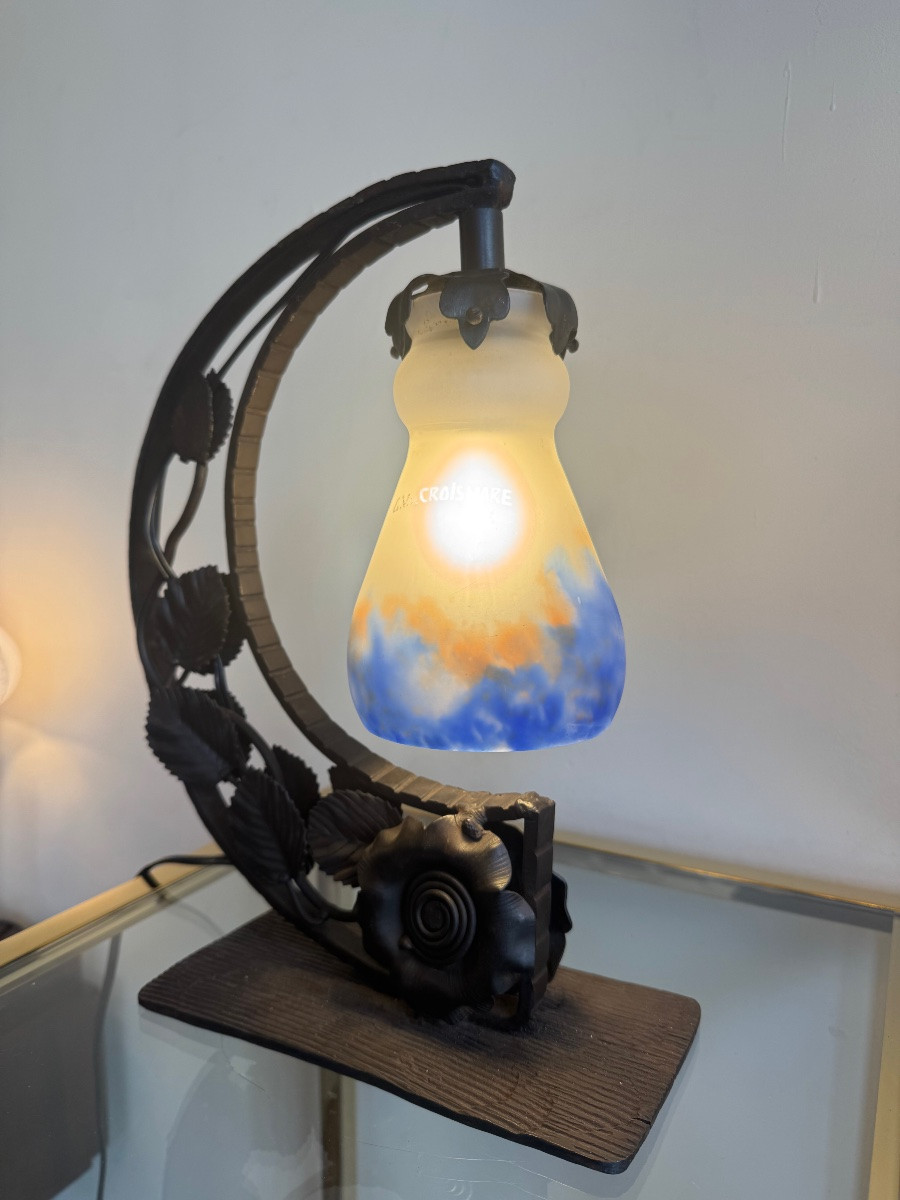 Lampe Transition Art Nouveau / Art Déco en verre marmoréen Signée G.V de Croismare  1920 / 1930-photo-4