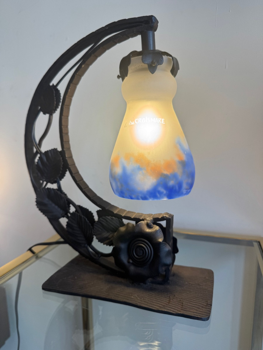 Lampe Transition Art Nouveau / Art Déco en verre marmoréen Signée G.V de Croismare  1920 / 1930-photo-7