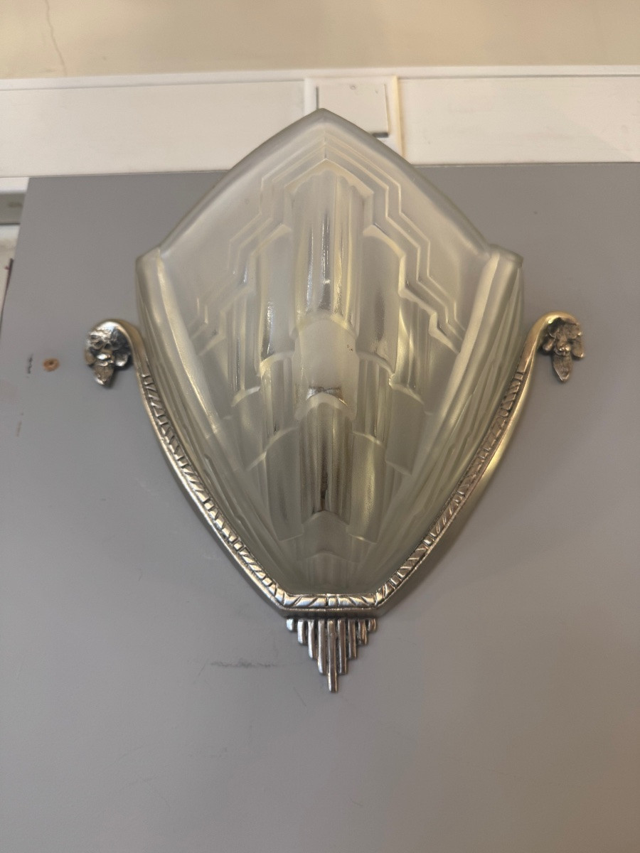 Pair Of Art Deco Wall Lights Signed Noverdy France / Pressed Glass And Bronze (art Deco 1930) -photo-5