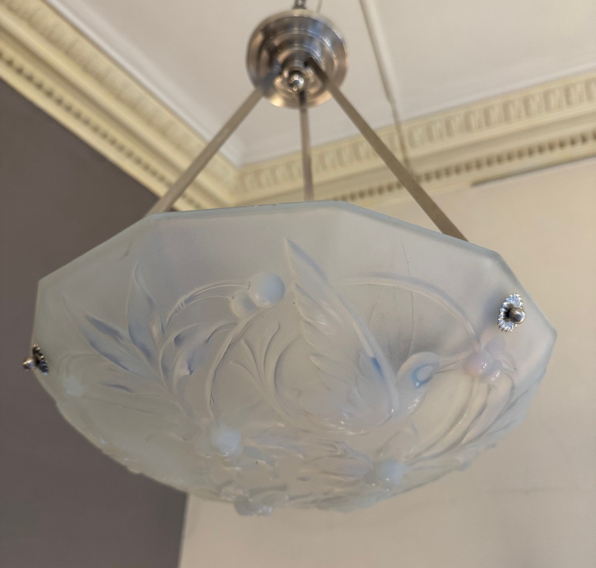 Suspension / Plafonnier Art Déco Verlys en Verre opalescent  ( lustre art deco 1930 ) -photo-6