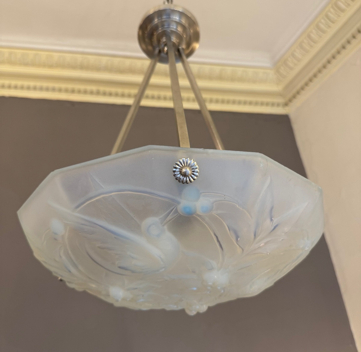 Suspension / Plafonnier Art Déco Verlys en Verre opalescent  ( lustre art deco 1930 ) -photo-7