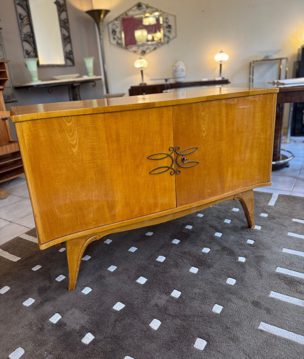 Buffet Art Déco Galbé « Arbalète » en érable sycomore / Vernis Tampon ( meuble art deco 1930 )