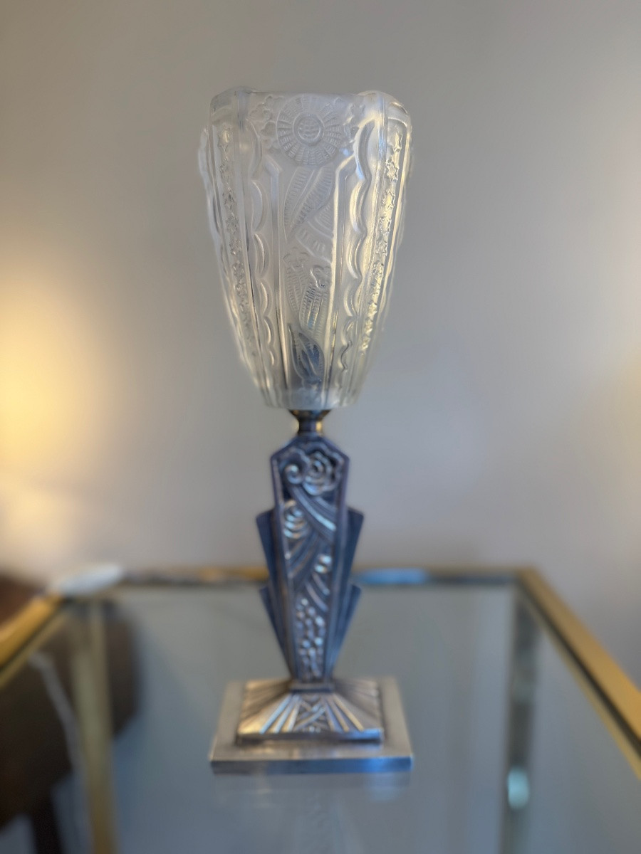 Lampe Art Déco Donna Paris en verre moulé pressé et bronze nickelé ( lampes art deco 1930 ) -photo-8