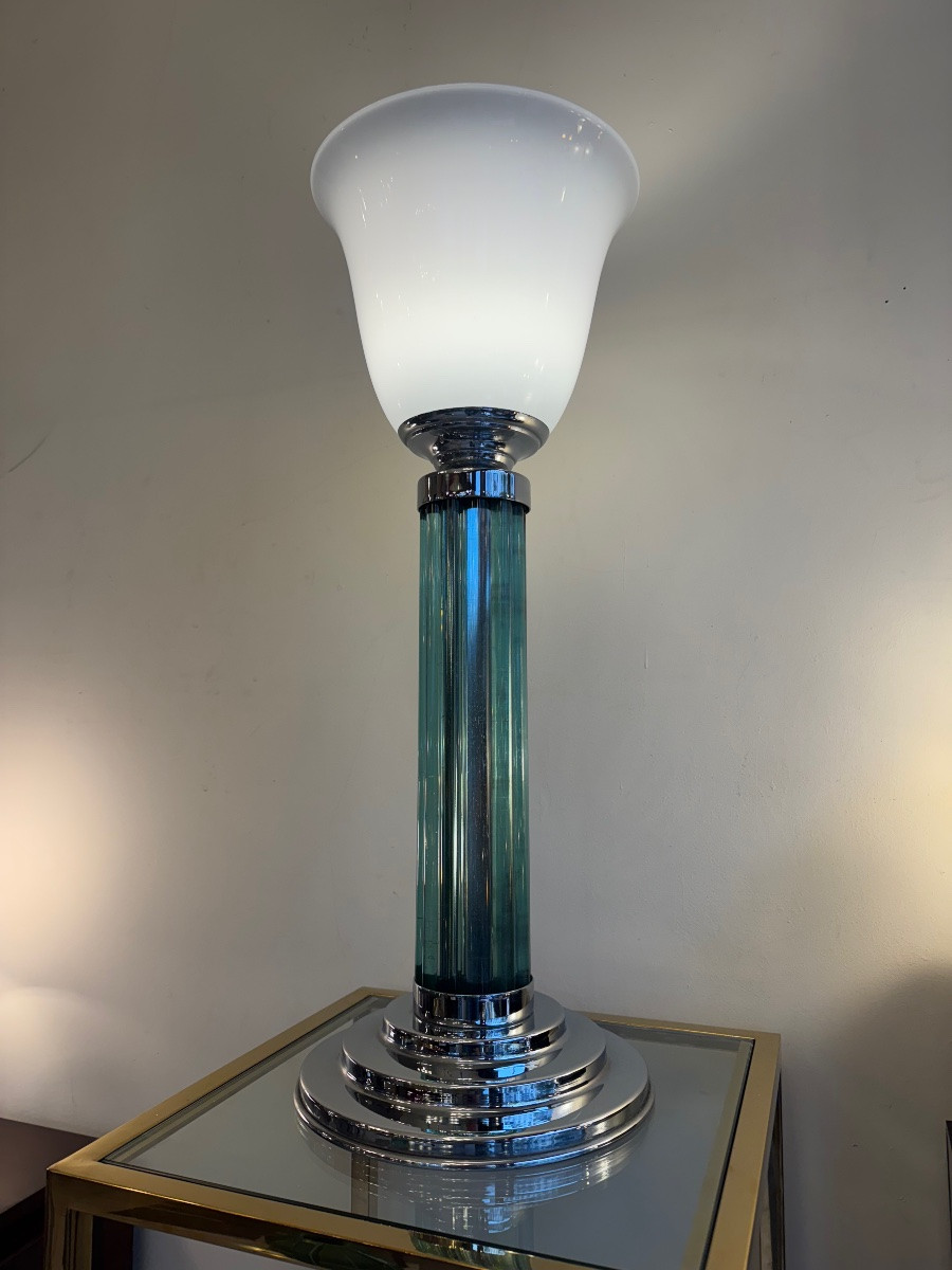 Large Modernist Art Deco Style Lamp (1980 Production) With Tulip Opaline (art Deco 1930 -photo-2