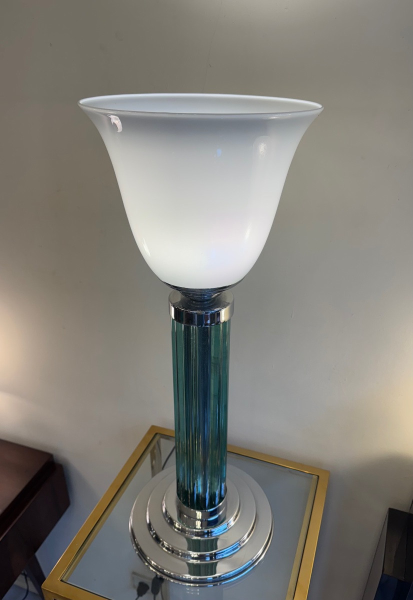 Large Modernist Art Deco Style Lamp (1980 Production) With Tulip Opaline (art Deco 1930 -photo-3