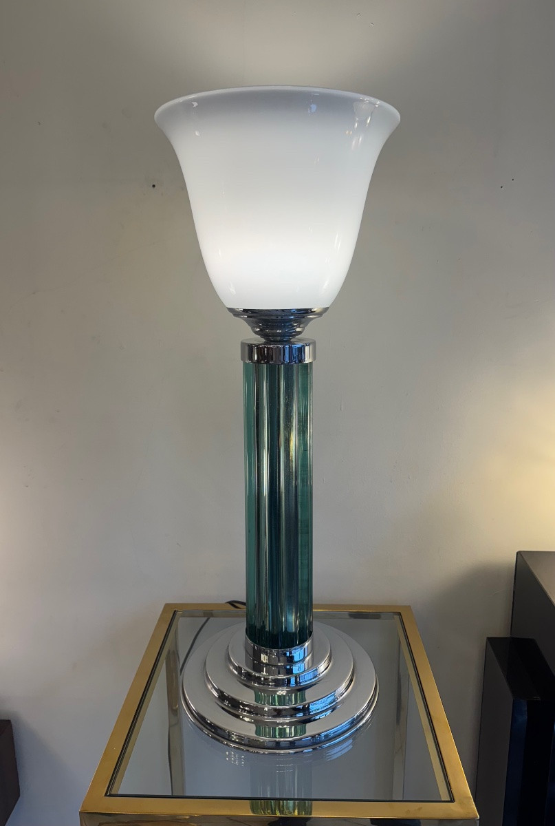 Large Modernist Art Deco Style Lamp (1980 Production) With Tulip Opaline (art Deco 1930 -photo-4