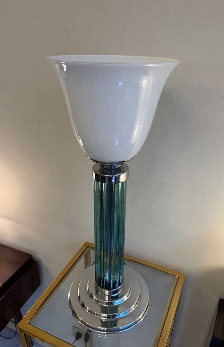 Large Modernist Art Deco Style Lamp (1980 Production) With Tulip Opaline (art Deco 1930 -photo-6