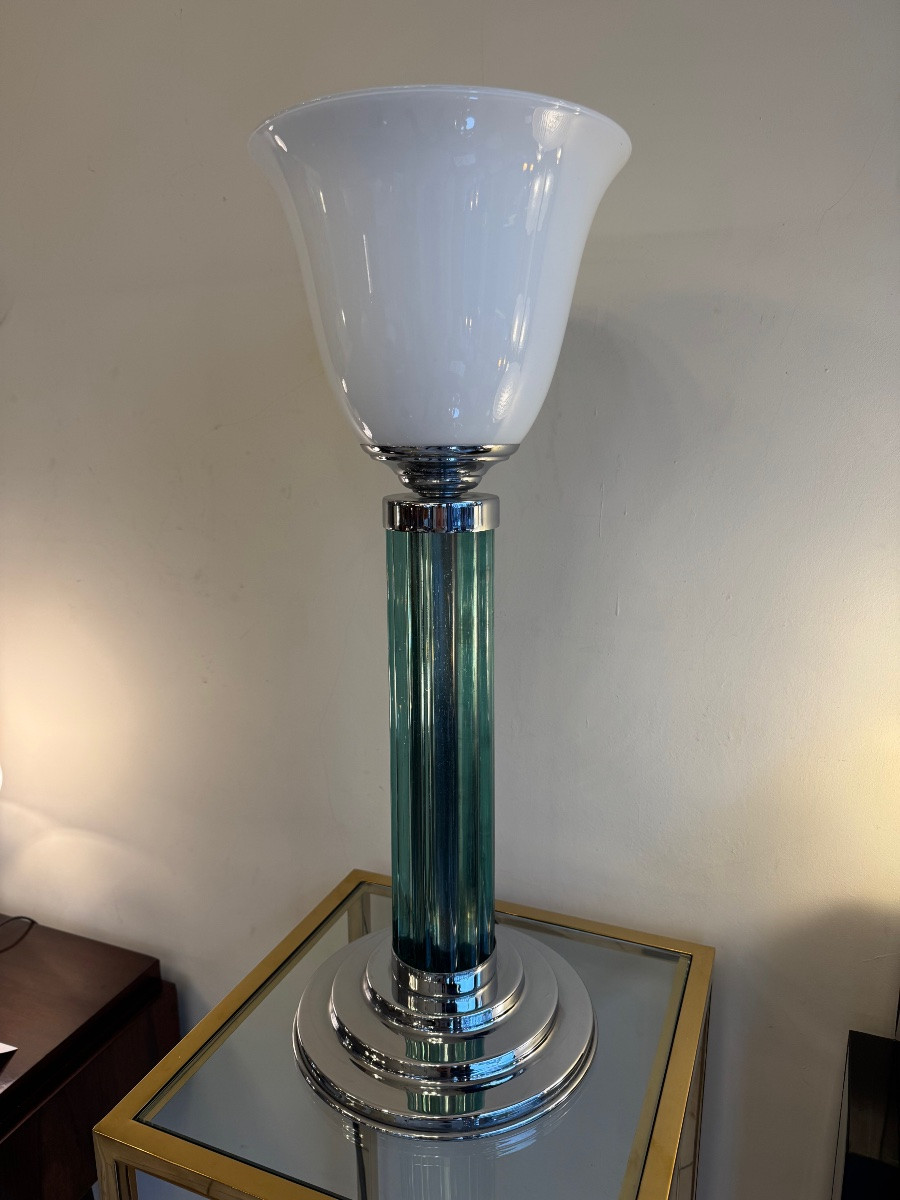 Large Modernist Art Deco Style Lamp (1980 Production) With Tulip Opaline (art Deco 1930 -photo-8