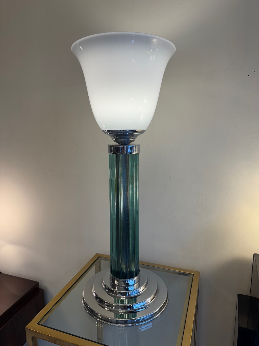 Large Modernist Art Deco Style Lamp (1980 Production) With Tulip Opaline (art Deco 1930 