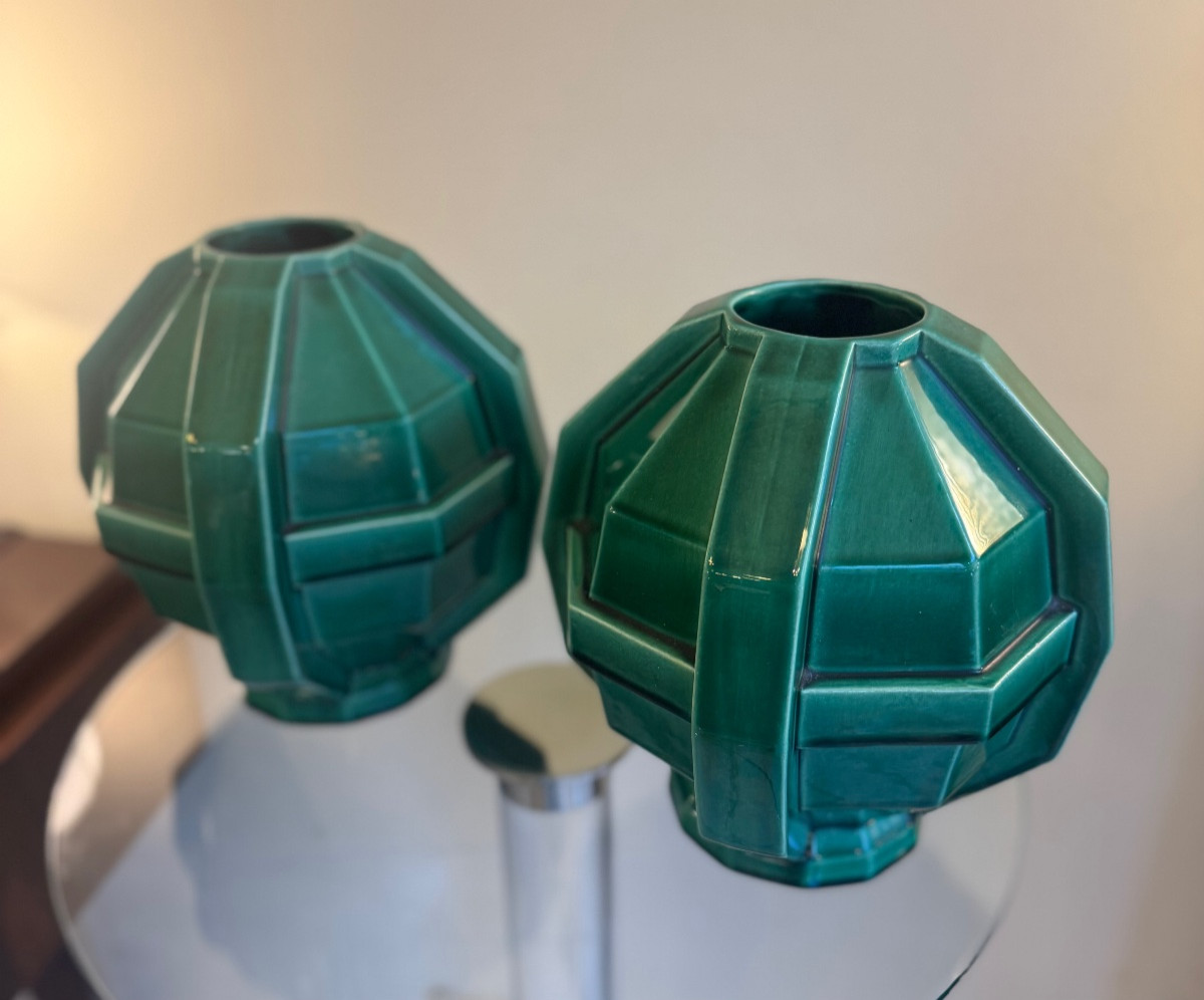 Pair Of Art Deco "cubist" Vases Signed St Clément / Glazed Earthenware (art Deco Vase, 1930) -photo-2