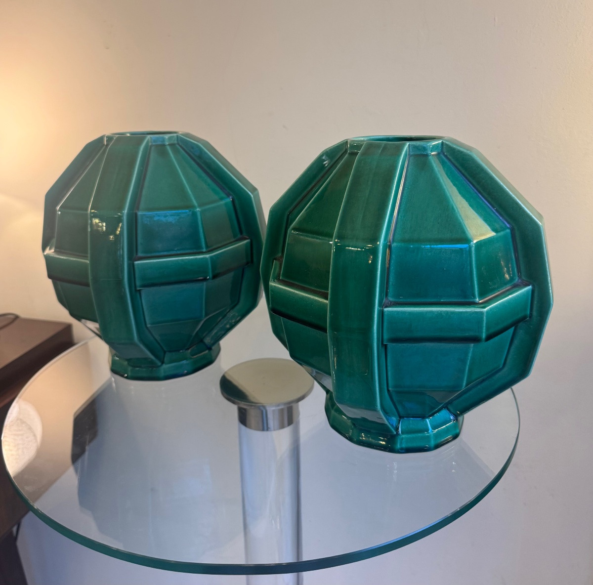 Pair Of Art Deco "cubist" Vases Signed St Clément / Glazed Earthenware (art Deco Vase, 1930) -photo-3