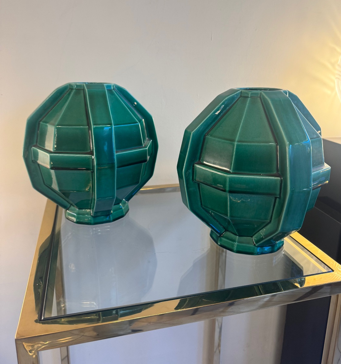 Pair Of Art Deco "cubist" Vases Signed St Clément / Glazed Earthenware (art Deco Vase, 1930) -photo-4