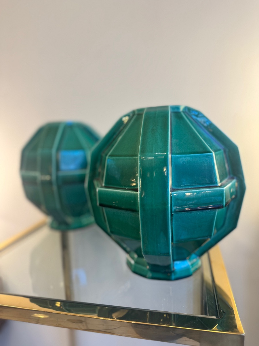 Pair Of Art Deco "cubist" Vases Signed St Clément / Glazed Earthenware (art Deco Vase, 1930) -photo-3
