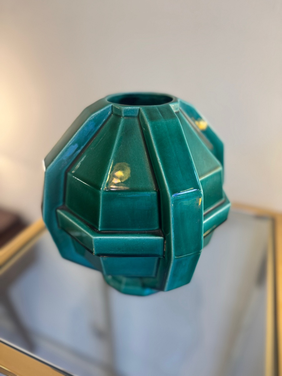 Pair Of Art Deco "cubist" Vases Signed St Clément / Glazed Earthenware (art Deco Vase, 1930) -photo-7