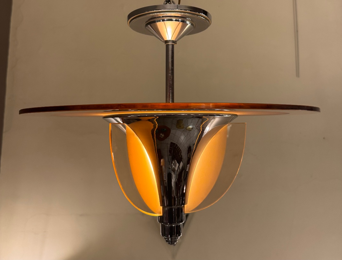 Lustre / Plafonnier Art Déco H. Petitot France  - Verre sablé et métal chromé ( art deco 1930 )-photo-2