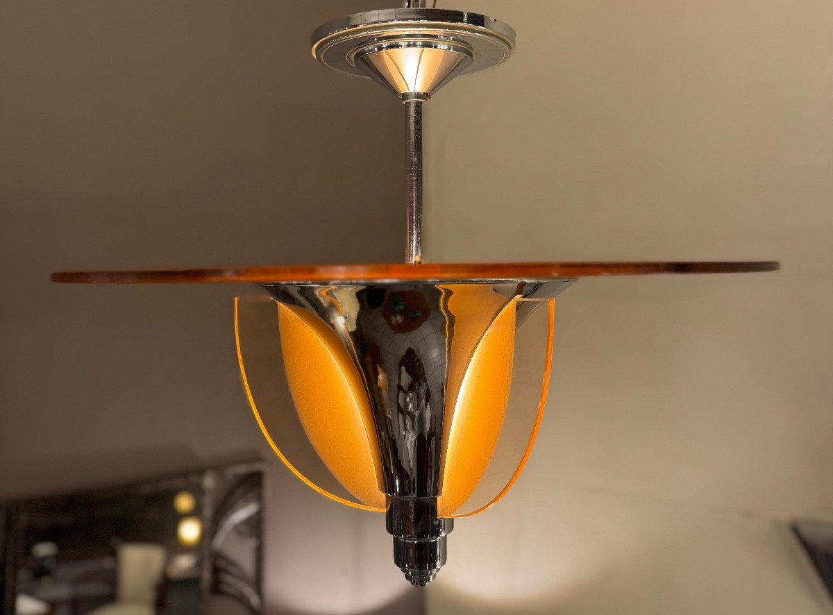 Lustre / Plafonnier Art Déco H. Petitot France  - Verre sablé et métal chromé ( art deco 1930 )-photo-1
