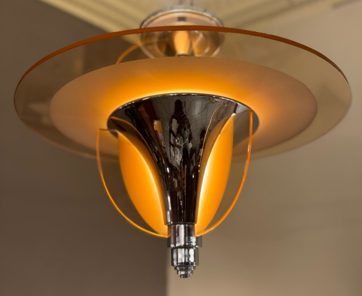 Lustre / Plafonnier Art Déco H. Petitot France  - Verre sablé et métal chromé ( art deco 1930 )-photo-2
