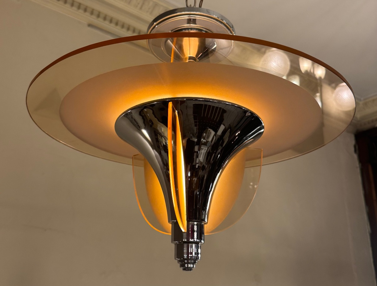 Lustre / Plafonnier Art Déco H. Petitot France  - Verre sablé et métal chromé ( art deco 1930 )-photo-4