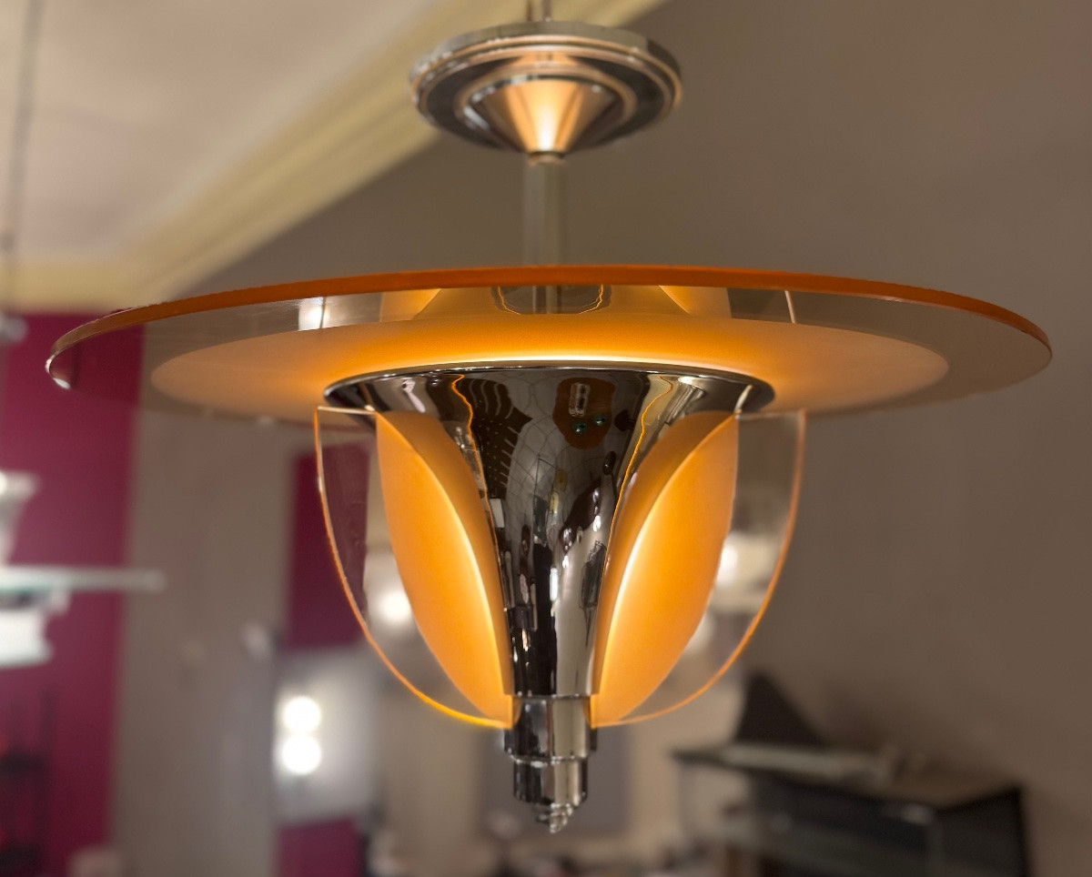 Lustre / Plafonnier Art Déco H. Petitot France  - Verre sablé et métal chromé ( art deco 1930 )-photo-5