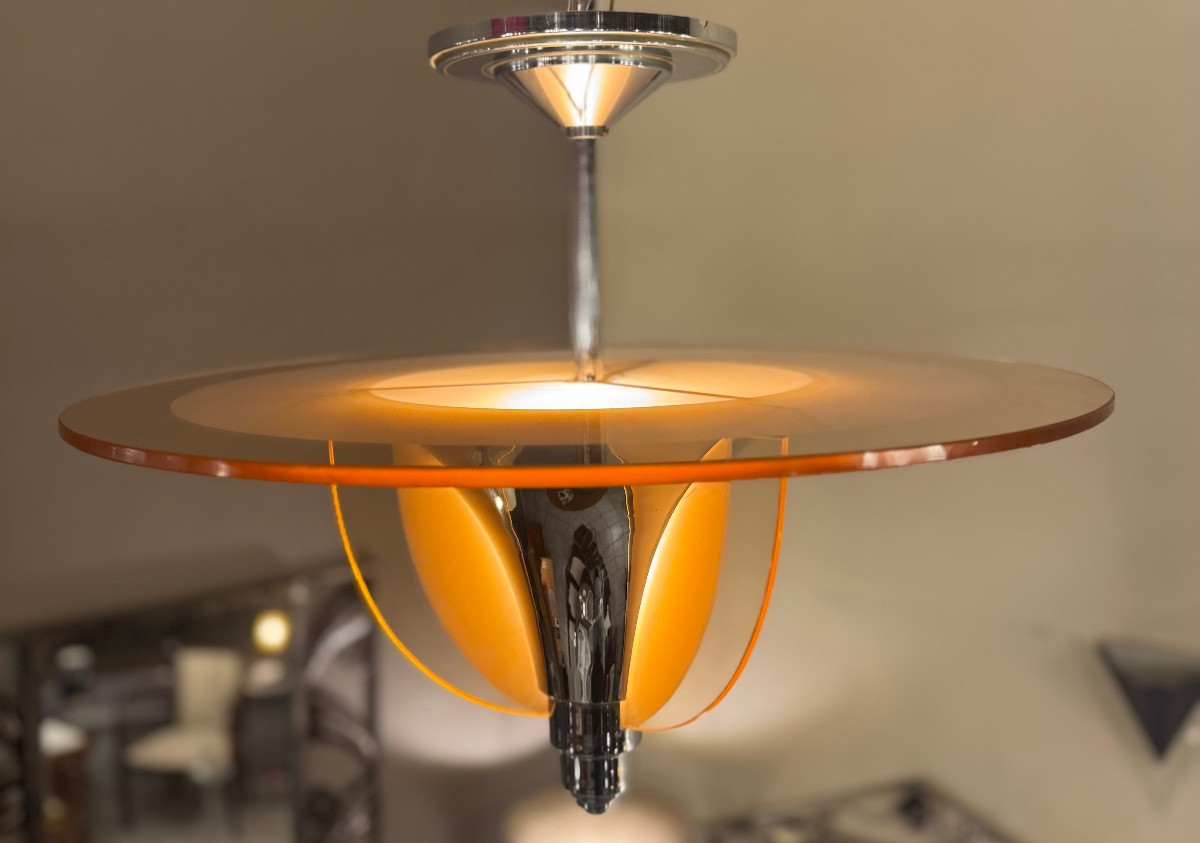 Lustre / Plafonnier Art Déco H. Petitot France  - Verre sablé et métal chromé ( art deco 1930 )-photo-6
