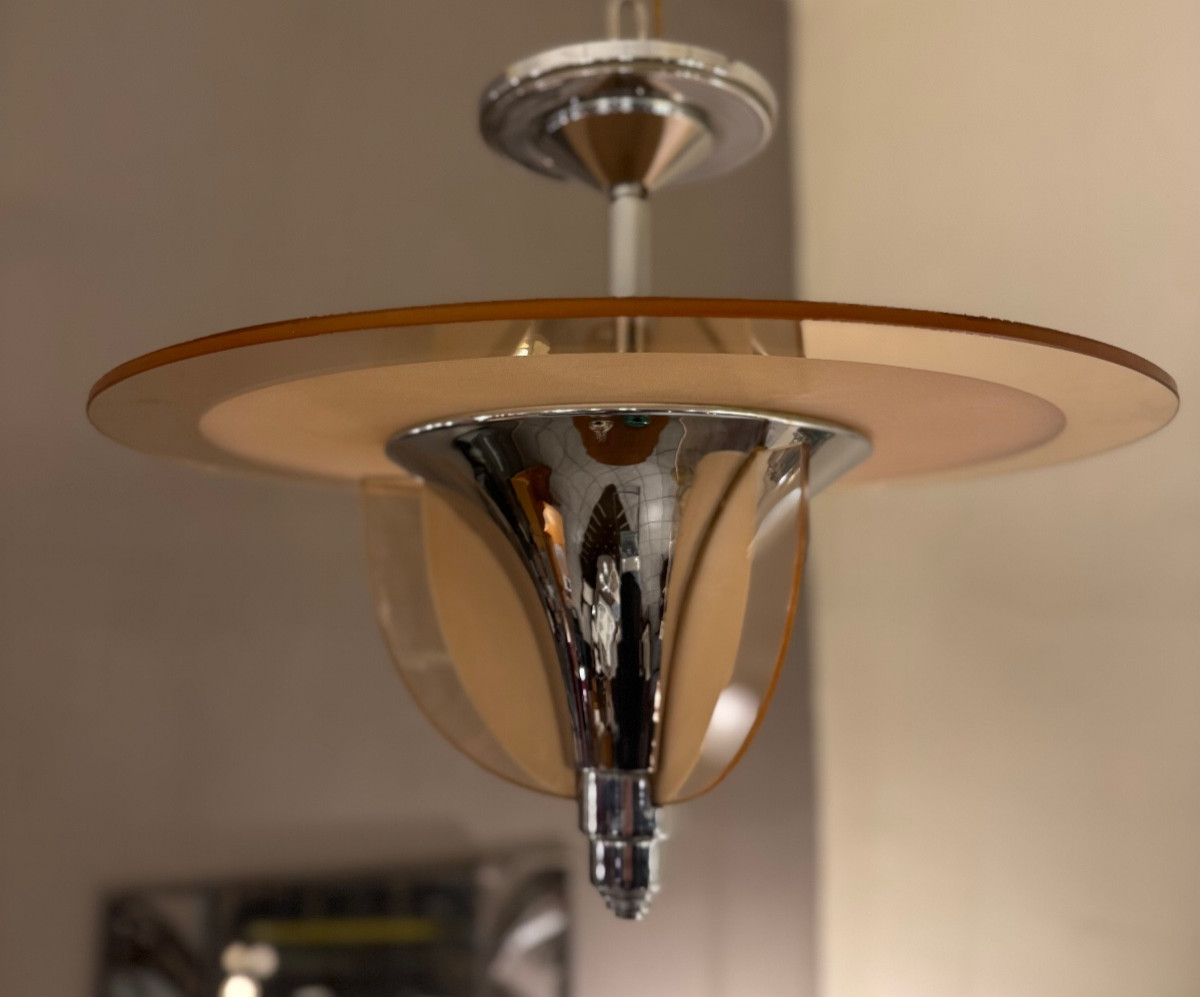 Lustre / Plafonnier Art Déco H. Petitot France  - Verre sablé et métal chromé ( art deco 1930 )-photo-7