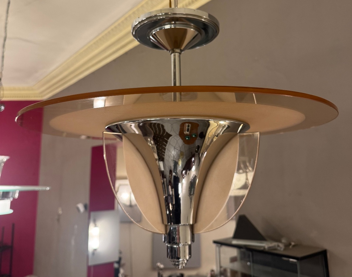 Lustre / Plafonnier Art Déco H. Petitot France  - Verre sablé et métal chromé ( art deco 1930 )-photo-8